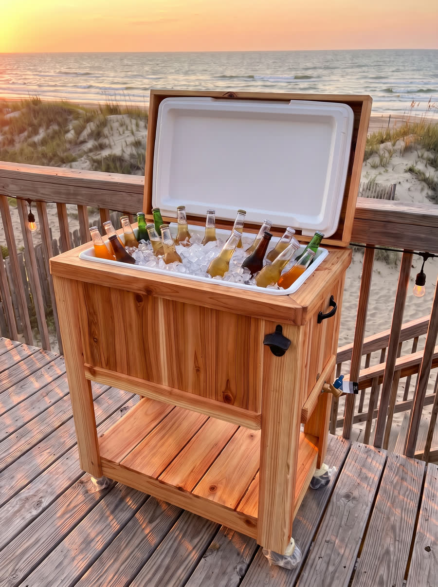 Cedar rolling cooler cart full of ice and bottles on a beach-house deck