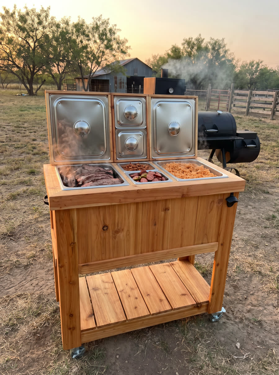 Cedar rolling serving cart with brisket, beans, sausage and rice at a ranch