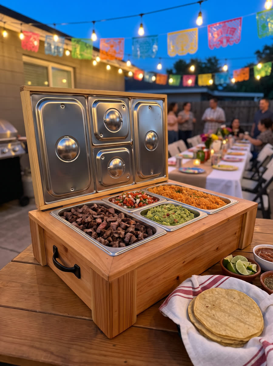 Five-pan cedar taco bar box at an evening party under string lights
